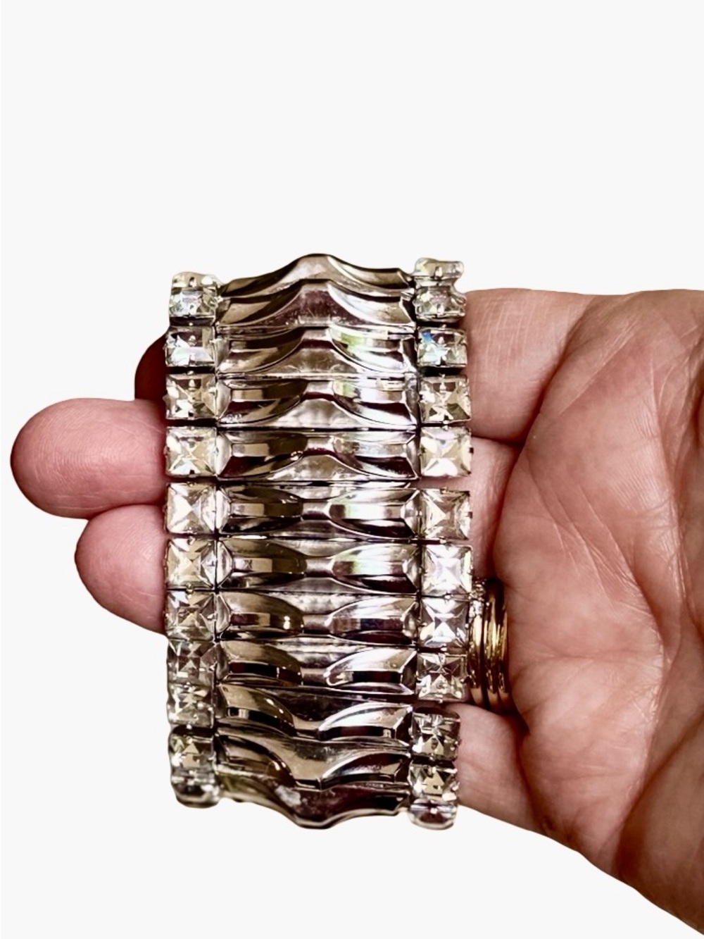 Vintage Rhinestone Stretch Bracelet Silver Tone Wide Statement Cuff Leading Lady - Picture 4 of 8